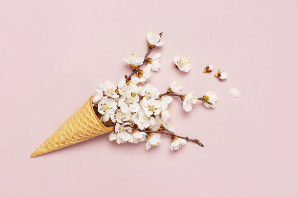 Waffle cone with bouquet of spring blooming branches of white flowers on pastel pink background. Creative spring minimal concept. Flat lay top view copy space. - Foto, afbeelding