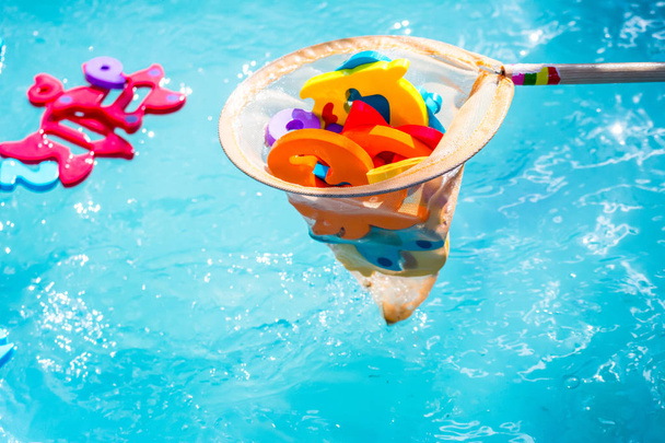 Wasserspiel für Kinder. Fische in Form von Buchstaben aus Zahlen und Bildern von Tieren und einem Netz zum Fischen. Spaß für Kinder - Foto, Bild