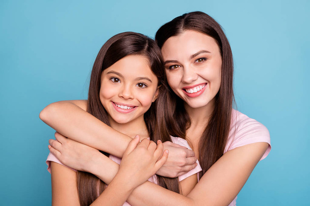 Close-up portrait of two nice cute charming sweet attractive lovely winsome adorable cheerful cheery straight-haired girls isolated on bright vivid shine green blue turquoise background - Φωτογραφία, εικόνα