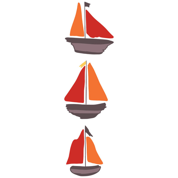Carino driftwood barca a vela gruppo fumetto vettore illustrazione motivo set. Elementi marini isolati disegnati a mano clipart per blog nautico, grafica marina
. - Vettoriali, immagini