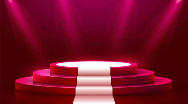 Abstract round podium with white carpet illuminated with spotlight. Award ceremony concept. Stage backdrop. - Vettoriali, immagini