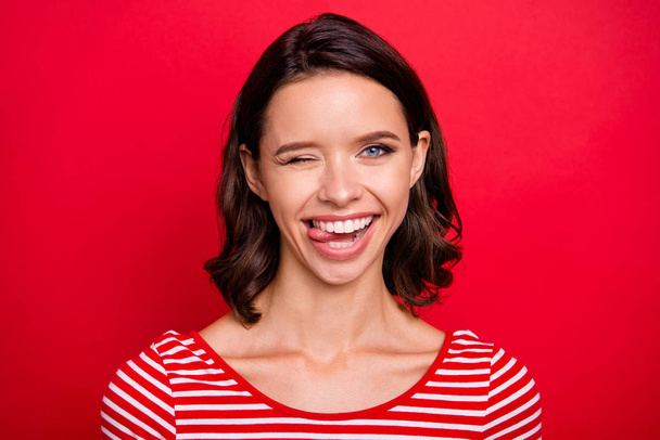 Close up photo nice cute pretty millennial youth make faces have free time weekend holidays charming feel content  candid rejoice wear fashionable youth summer outfit isolated red background - Foto, Bild