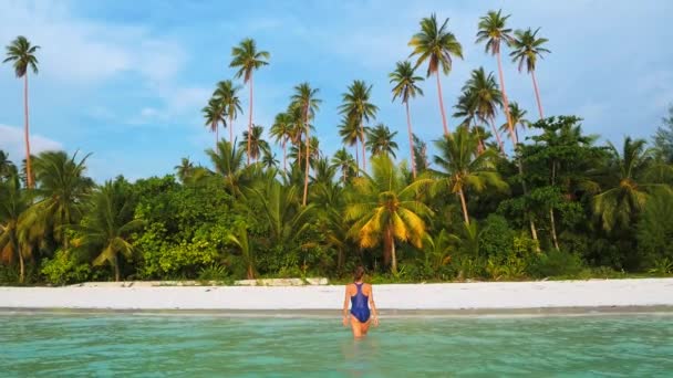 スローモーション:白い砂浜の上を歩く女性ターコイズブルーウォーター熱帯海岸線パシルパンジャンケイ諸島インドネシアパラダイス旅行先日没ライト - 映像、動画