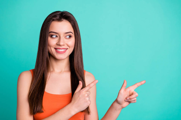 Close up photo charming lady youth people positive cheerful satisfied advertise choose decide advertisement indicate present display attention advise long modern cute outfit isolated teal background - Valokuva, kuva