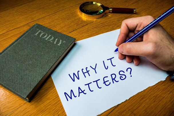 Conceptual hand writing showing Why It Matters question. Business photo text ask demonstrating about something he think is important Man writing document wood table magnifying glass electronic device. - Photo, Image