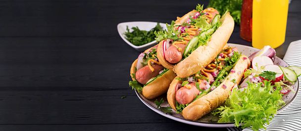 Hot dog with  sausage, cucumber, radish and lettuce on dark wooden background. Banner. Summer hotdog. - Photo, Image