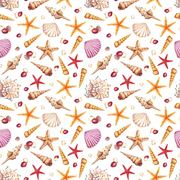 Watercolor seamless pattern with underwater life objects - seashells, starfish and stones. - Photo, Image