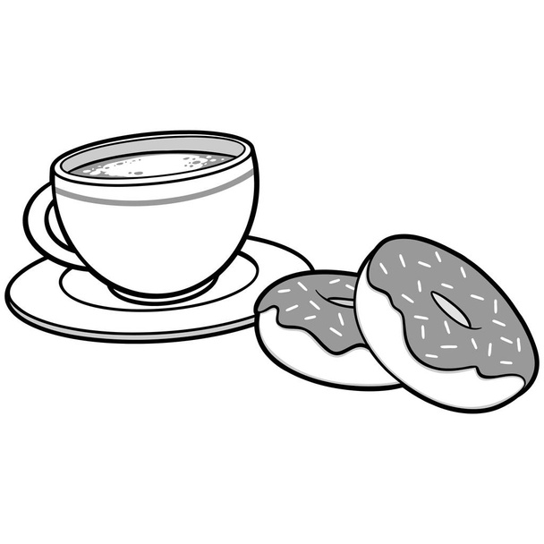 Café y Donuts Ilustración - Una ilustración de dibujos animados de un café y donas
. - Vector, Imagen