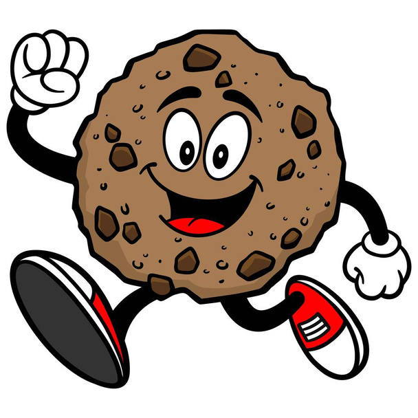 Chocolate Chip Cookie Running - Uma ilustração dos desenhos animados de uma mascote de chocolate Chip Cookie
. - Vetor, Imagem
