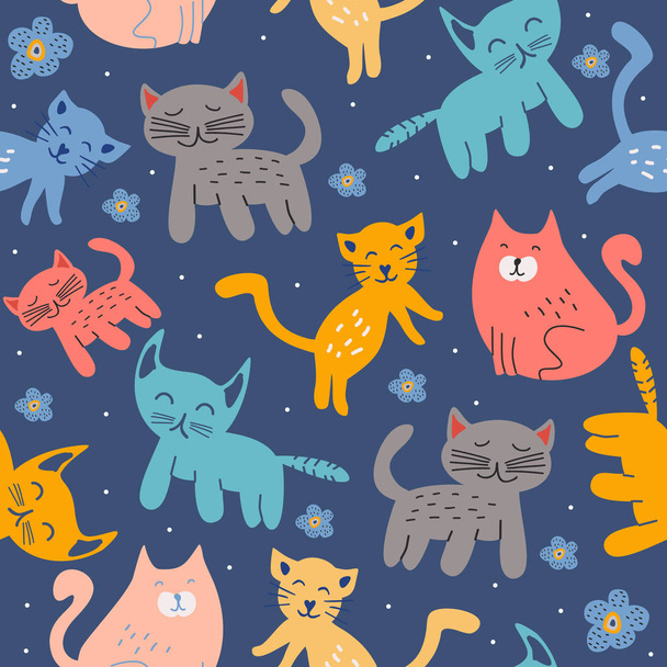 Kinderachtig Scandinavische kat en kitten naadloze patroon - Vector, afbeelding
