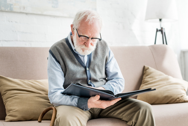 Senior man sitting on sofa, and holding photo album in hands - 写真・画像