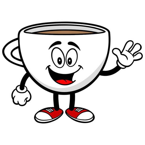 Kaffeebecher winken - eine Zeichentrickillustration einer Tasse Kaffee als Maskottchen. - Vektor, Bild