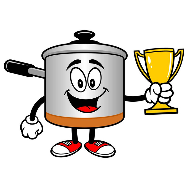 Kookpot met een trofee-een cartoon illustratie van een kookpot mascotte. - Vector, afbeelding