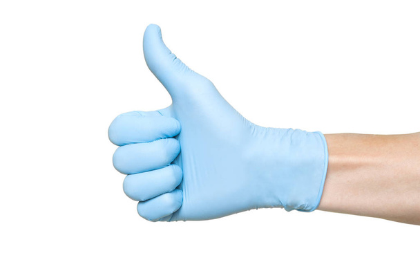 Doctor Wearing Blue Latex Glove Giving Thumbs Up Sign. Like - Φωτογραφία, εικόνα