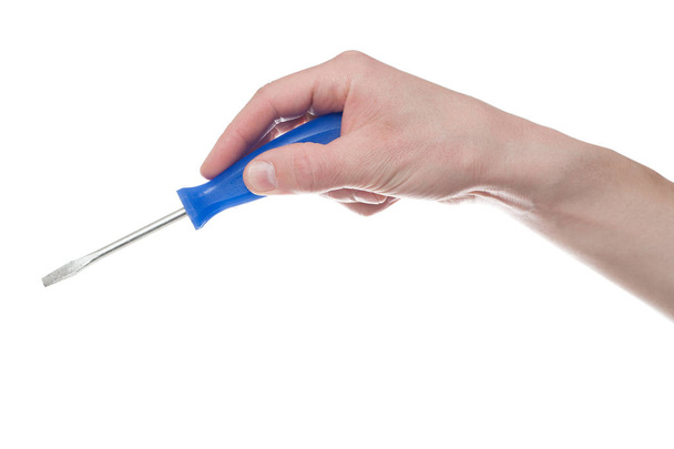 Male hand holding screwdriver isolated on white background. - 写真・画像