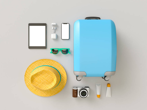 Suitcase with sun glasses, slippers, hat, suntan cream, phone an - Foto, afbeelding