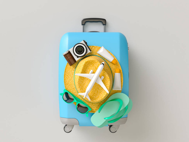 Suitcase with sun glasses, slippers, hat, suntan cream, phone an - Фото, изображение