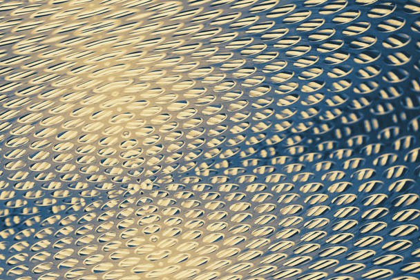 空間の球状ワープ。青と黄金色のワームホールの幻想的な背景画像. - 写真・画像
