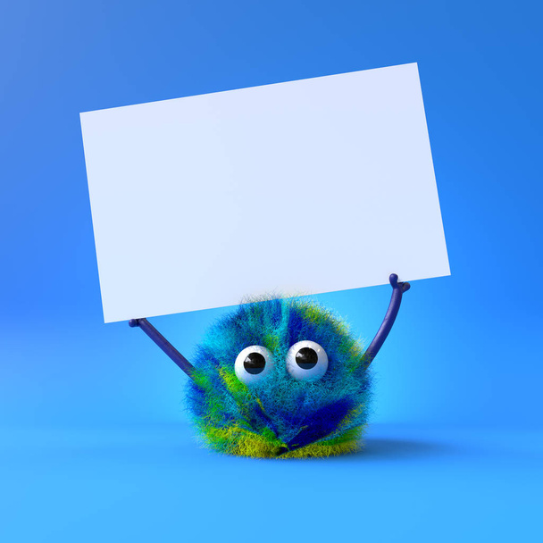 3d cute monster holding up a blank sign, colorful cartoon character, empty banner
 - Фото, изображение