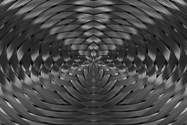 対称的なシルバーメタリックウィッカーテクスチャクローズアップ。ボリュームスチールサーフェスの詳細背景。マクロで抽象的な灰色の編組ワイヤー。コピースペースを持つシュールな形状。珍しい黒と白のスペース. - 写真・画像