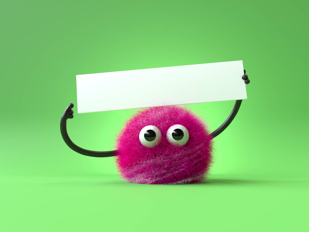 3d cute monster holding up a blank sign, colorful cartoon character, empty banner
 - Фото, изображение