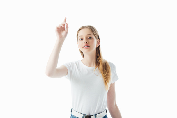 teenage girl with raised hand isolated on white - Fotoğraf, Görsel