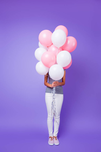 Vertical full length body size view of her she nice-looking slim fit thin fashionable girl holding in hands bunch of balls isolated over violet purple vivid shine bright background - Foto, afbeelding
