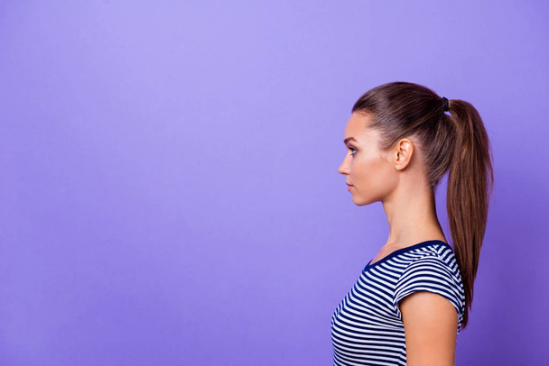 Profile side view photo charming nice pretty lady have thoughts intelligent genius future entrepreneur ready solve decide choose ponytail fashionable spring youth outfit isolated violet background - Photo, Image