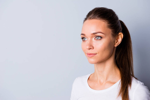 Close up side profile photo beautiful amazing she her lady perfect ideal appearance look empty space imaginary flight listen good news  wear casual white t-shirt isolated grey background - Foto, immagini