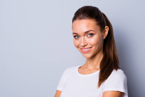Close up side profile photo beautiful amazing she her lady perfect ideal teeth self-confident easy-going person listening good news sure such results wear casual white t-shirt isolated grey background - Fotografie, Obrázek
