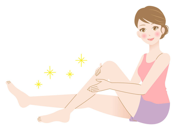 junge Frau berührt glattes, haarloses Bein, Schönheitspflegekonzept. isoliert auf weißem Hintergrund  - Vektor, Bild