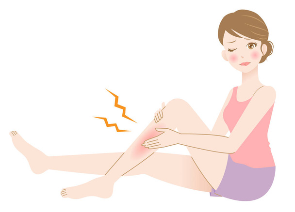 νεαρή γυναίκα αγγίζει το πόδι της ερυθρότητας απομονωμένη σε λευκό φόντο. έννοια περιποίησης σώματος ομορφιάς - Διάνυσμα, εικόνα