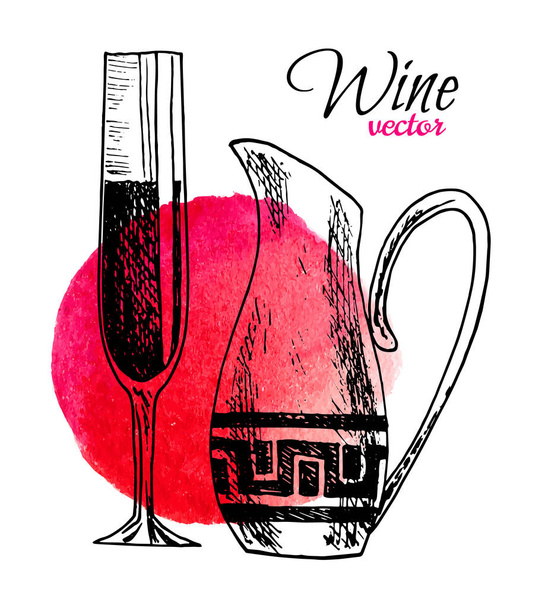 Ensemble vectoriel de pichet à vin dessiné à la main et un verre d'illustration de vin sur fond aquarelle pour la conception de menu ou de restaurant
. - Vecteur, image