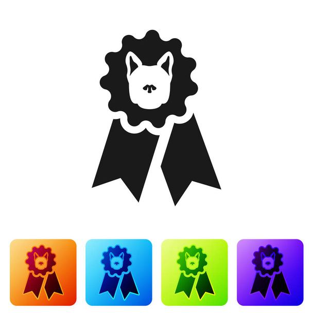 Symbol ceny černého psa je izolován na bílém pozadí. Medaile u psí stopy jako vítěz výstavy. Nastavte ikonu v barevných hranových tlačítkách. Vektorová ilustrace - Vektor, obrázek