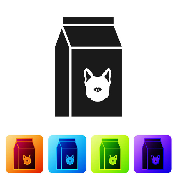Black Bag of food for dog icon isolated on white background. Food for animals. Pet food package. Set icon in color square buttons. Vector Illustration - Vector, Image