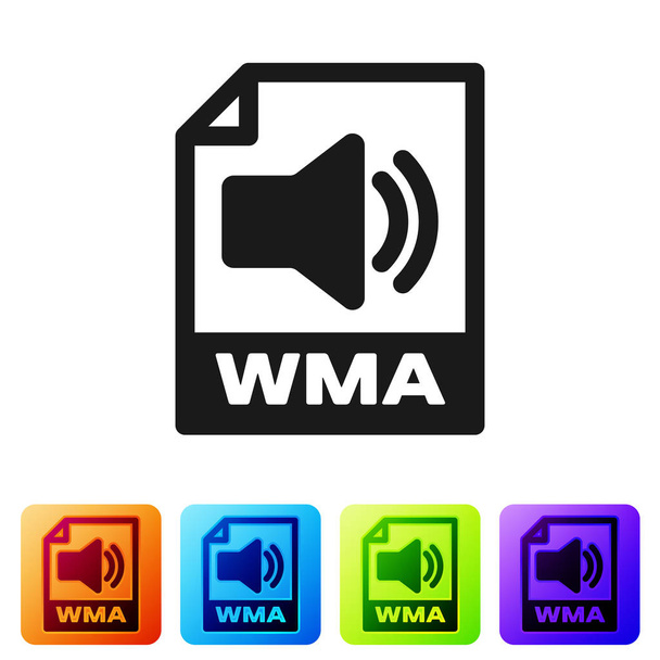 Ikona dokumentu w czarnym pliku WMA. Pobierz ikonę przycisku WMA na białym tle. Symbol pliku WMA. Znak formatu muzycznego WMA. Ustaw ikonę w kolorowych kwadratowych przyciskach. Ilustracja wektorowa - Wektor, obraz