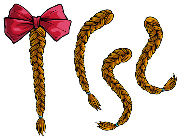 Κινούμενα σχέδια μαλλιά πλεξούδες με ροζ παπιγιόν διακοπών κόμπο - Διάνυσμα, εικόνα