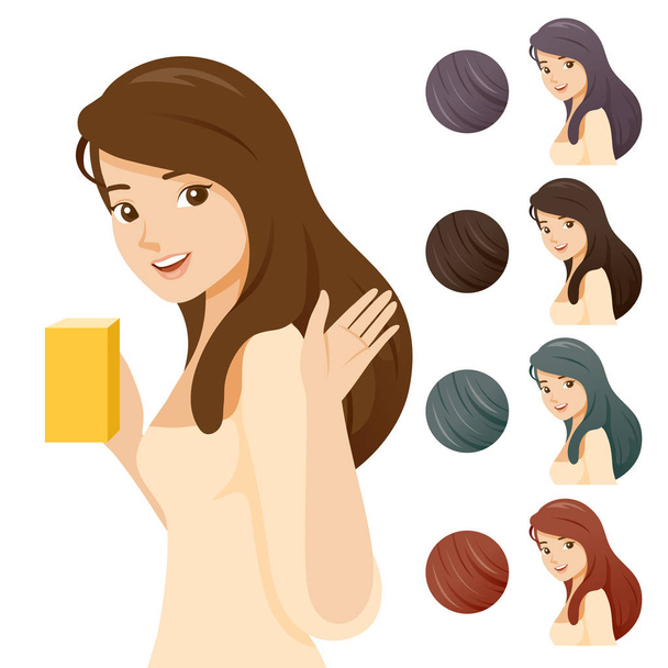 Young Woman With Packaging In Hand And Set Of Different Hair Col - Vector, Imagen