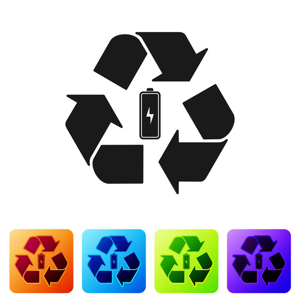 Batterie noire avec icône de ligne de symbole de recyclage isolé sur fond blanc. Batterie avec symbole de recyclage - concept d'énergie renouvelable. Définir l'icône dans les boutons carrés de couleur. Illustration vectorielle
 - Vecteur, image