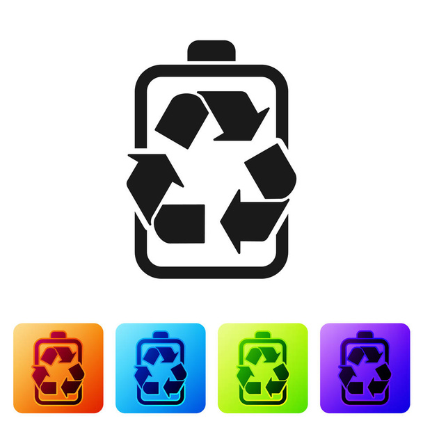 Black Battery with recycle symbol line icon isolated on white background. Battery with recycling symbol - renewable energy concept. Set icon in color square buttons. Vector Illustration - Vettoriali, immagini