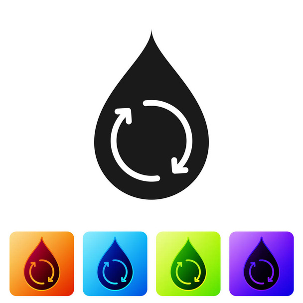 Schwarz recycelt sauberes Aqua-Symbol isoliert auf weißem Hintergrund. Wassertropfen mit Zeichenrecycling. setzen Sie das Symbol in quadratischen Schaltflächen. Vektorillustration - Vektor, Bild