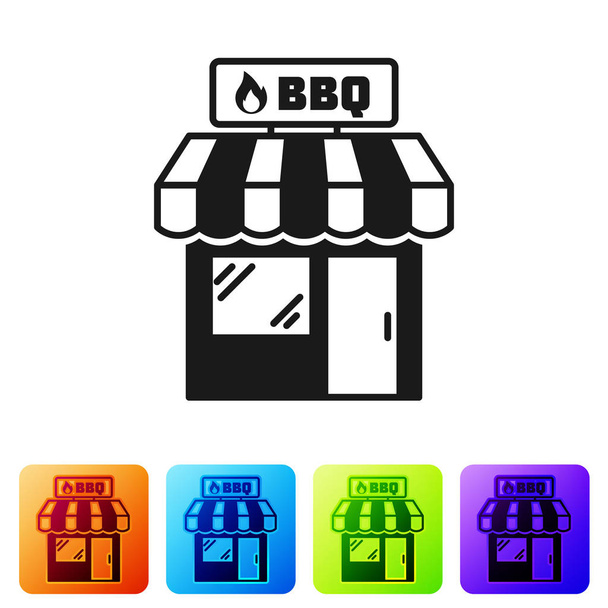 黒いバーベキューショッピングビルや市場の店のアイコンは、白い背景に隔離されています。バーベキューグリルパーティー。ショップの建設。色の正方形のボタンにアイコンを設定します。ベクトルイラストレーション - ベクター画像
