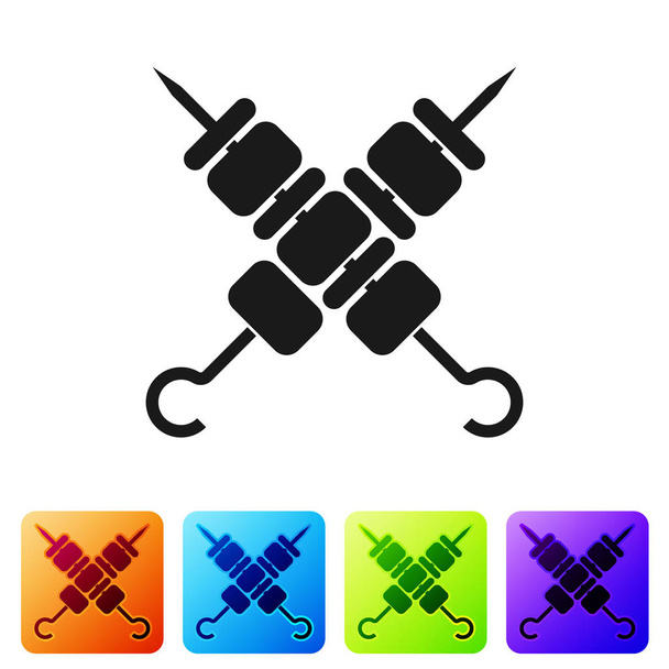 Black Crossed grilled shish kebab on skewers stick icon isolated on white background. Meat kebab on skewers stick. Picnic with grill meat. Set icon in color square buttons. Vector Illustration - Vector, Image