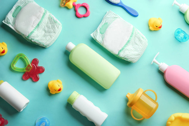 Flat lay composition with baby accessories on color background - Fotografie, Obrázek