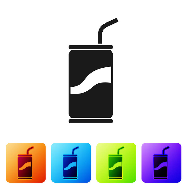 Zwarte soda kan met het drinken van stro pictogram geïsoleerd op witte achtergrond. Pictogram instellen in de knoppen kleur vierkant. Vector illustratie - Vector, afbeelding
