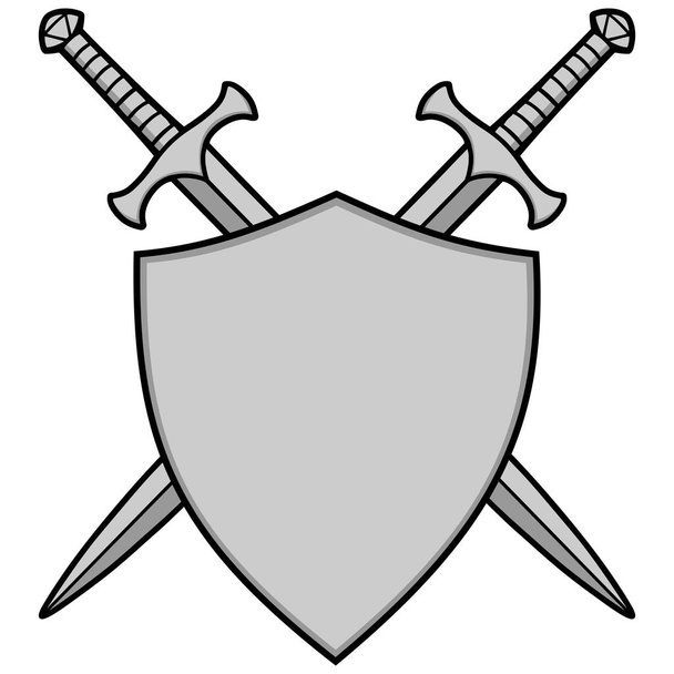 gekreuzte Schwerter und Schildillustration - eine Cartoon-Illustration eines gekreuzten Schwerters und Schildes. - Vektor, Bild