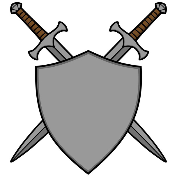gekreuzte Schwerter und Schild - eine Cartoon-Illustration eines gekreuzten Schwerters und Schildes. - Vektor, Bild