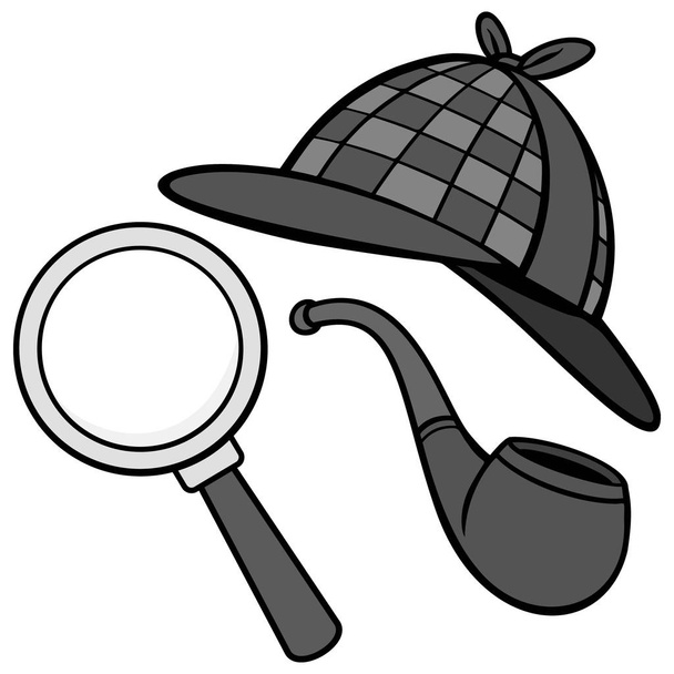 Detective hoed, pijp en vergrootglas Illustration-een cartoon illustratie van een detective hoed, pijp en vergrootglas. - Vector, afbeelding