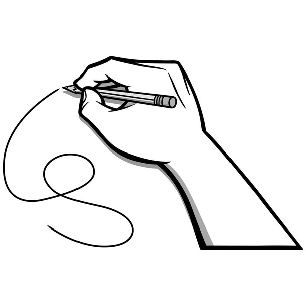 Desenho Ilustração de Mão - Uma ilustração de desenho animado de uma mão com um lápis escrevendo uma linha
. - Vetor, Imagem