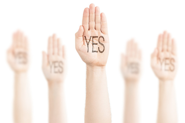 Hands raised to the sky and saying Yes. - Photo, Image